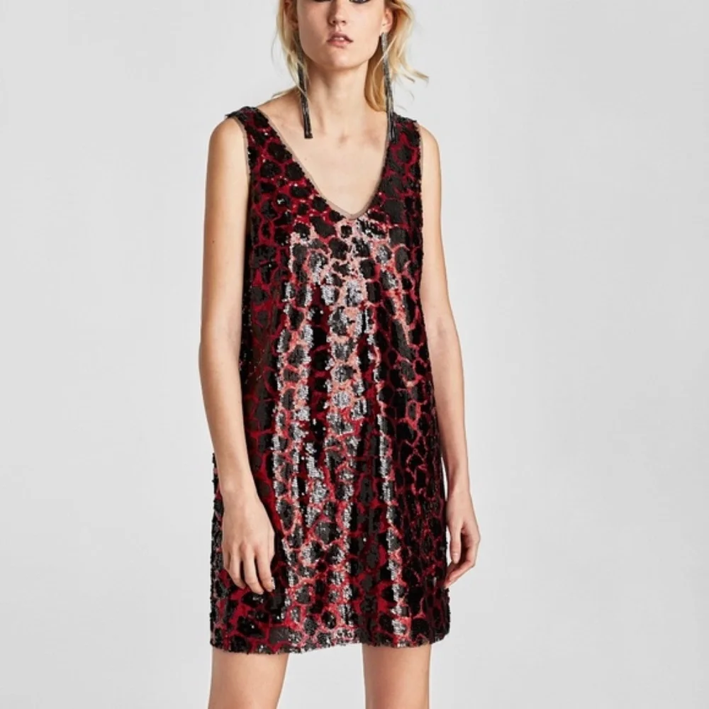 ZARA Animal Print Jewel Tone Sequin Embellished Glam Cocktail Holiday Mini Dress - Picture 2 of 16